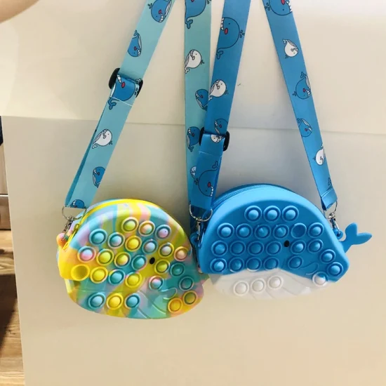 Crianças brinquedo alívio do estresse forma de maçã pop it bolsa de ombro pop fidget sling saco com alça